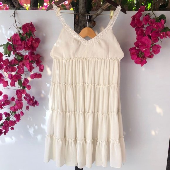 Medium White Beige Flutter Knee length Spring Summer Swing Dress - Picture 7 of 10